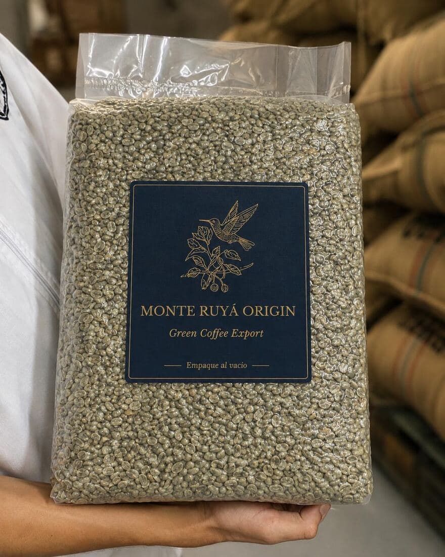 Café verde en panela sellada al vacío con etiqueta Monte Ruyá Origin